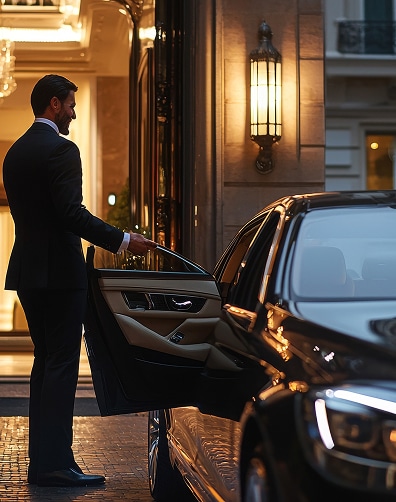 Chauffeur élégant en costume noir ouvrant la portière d'une berline de luxe devant l'entrée illuminée d'un hôtel chic.