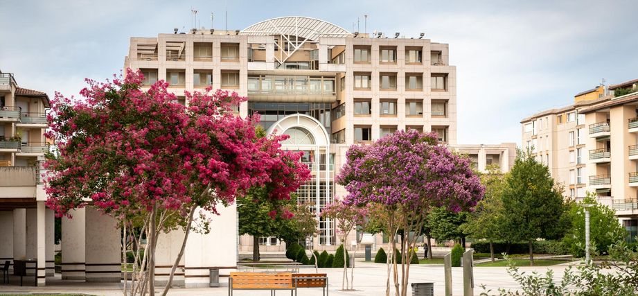 Mairie Colomiers Bâtiment moderne à l'architecture géométrique et arbres en fleurs roses sur une place publique ensoleillée.